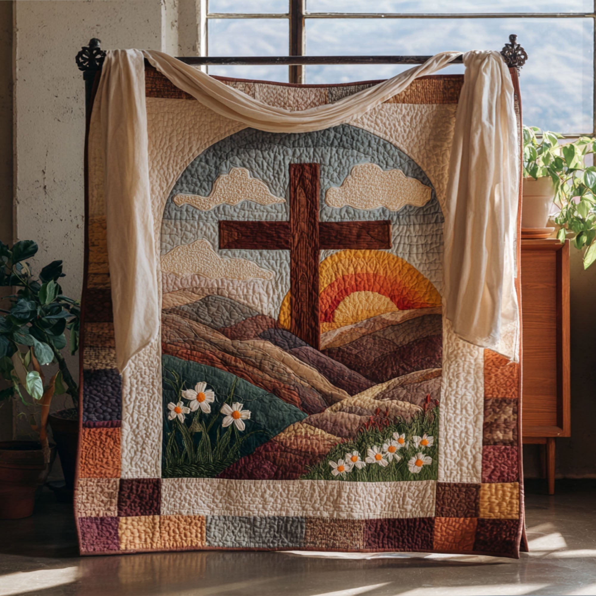 Cross of Salvation Quilted Blanket Home Bedding Decor Christian Faith Gifts - Marykun