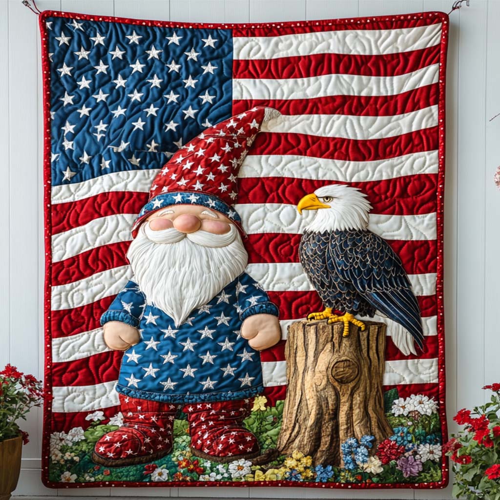 Eagle and Gnome Quilted Blanket Winter Decor Blanket Patriotic Themed Gifts - Marykun