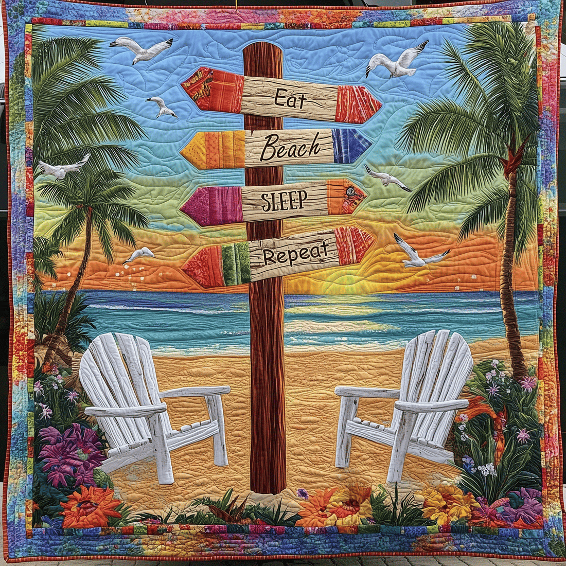 Eat Beach Sleep Repeat Quilted Blanket Bed Christmas Decor Presents For Ocean Lovers - Marykun