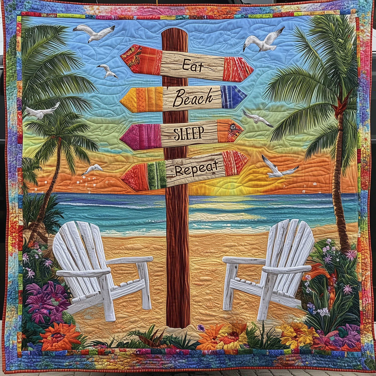 Eat Beach Sleep Repeat Quilted Blanket Bed Christmas Decor Presents For Ocean Lovers - Marykun
