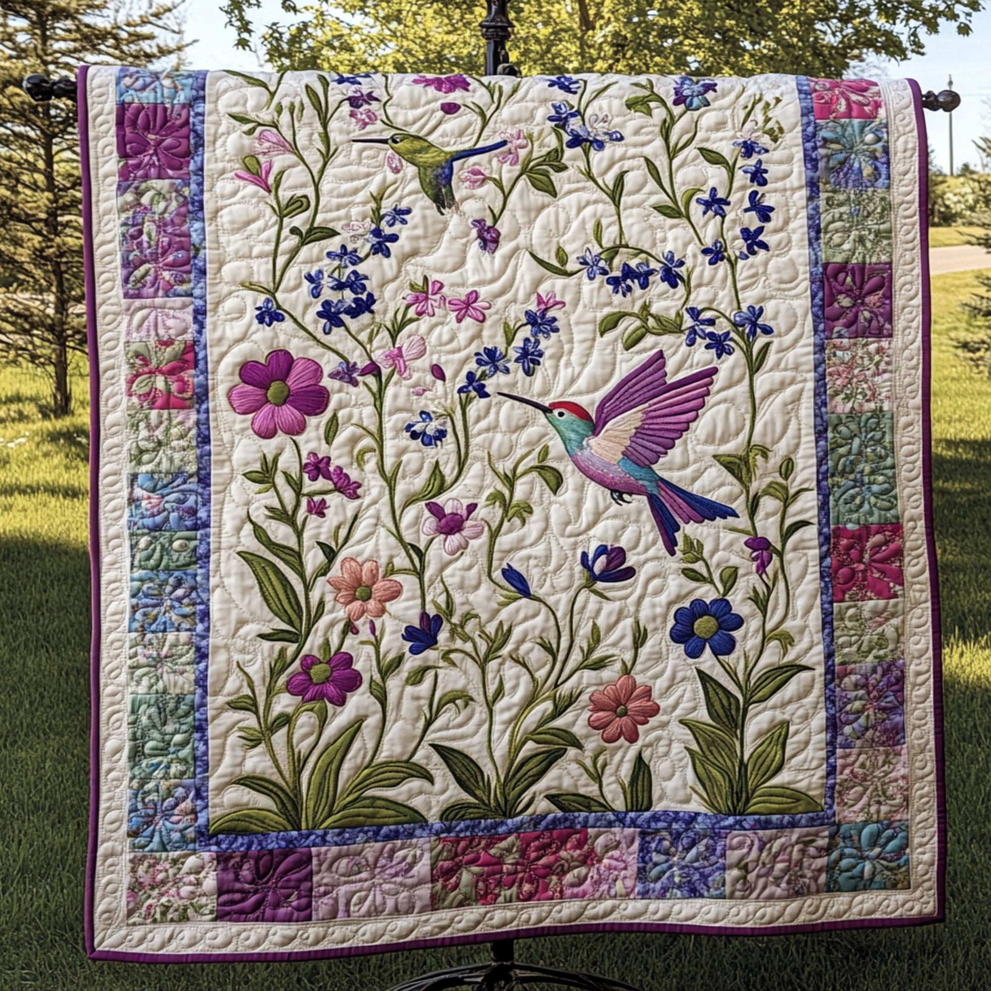 Flight Through Bloom Quilted Blanket Christmas Holiday Best Hummingbird Themed Gifts - Marykun