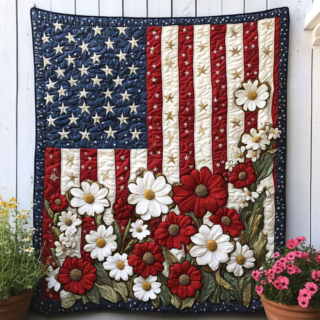 Floral Allegiance Quilted Blanket Cute Throw Blanket Patriotic Gifts For Dad - Marykun