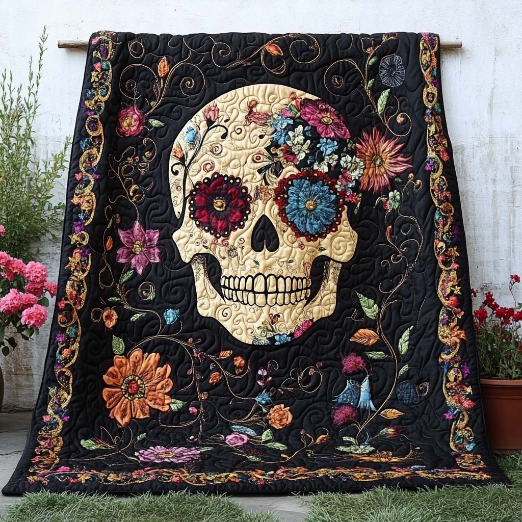 Floral Skull Charm Quilted Blanket Bedroom Xmas Decor Gifts With Skulls On Them - Marykun