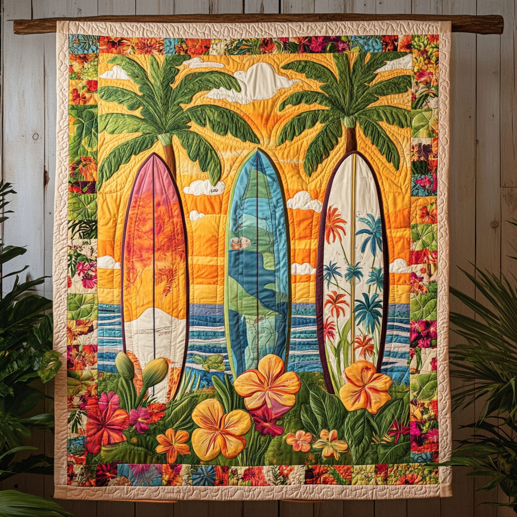 Floral Surf Vibes Quilted Blanket Cool Throw Blanket Cool Gifts For Beach Lovers - Marykun