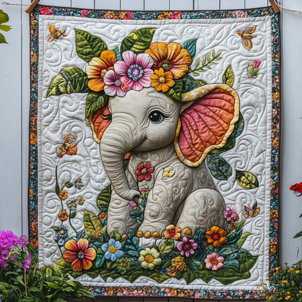 Flower Crowned Quilted Blanket Best Throw Blanket Great Gift For Elephant Lover - Marykun