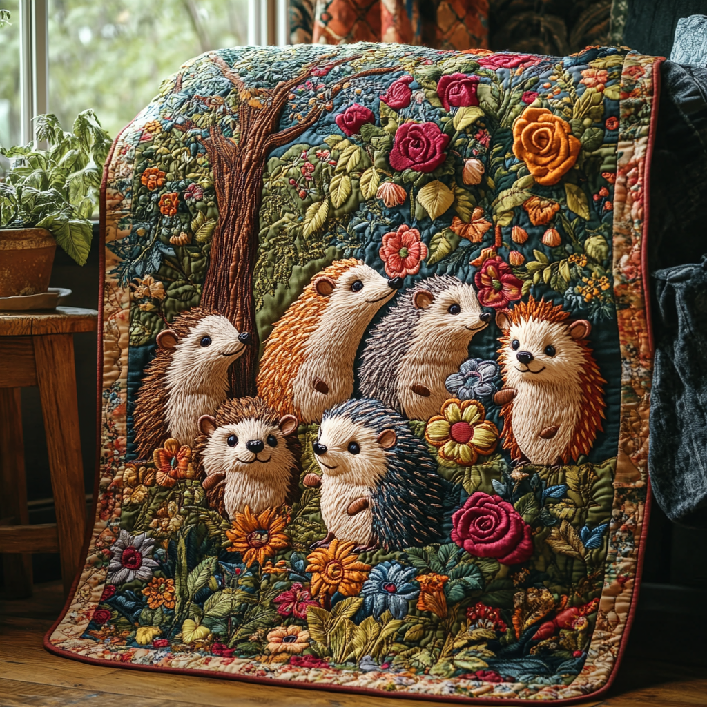 Forest Friend Quilted Blanket Cute Throw Blanket Gift For Hedgehog Owners - Marykun