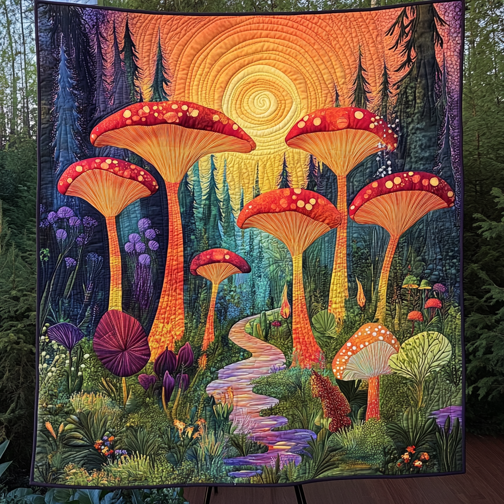 Fungi Fantasy Quilted Blanket Cute Throw Blanket Gifts For Mushroom Hunters - Marykun