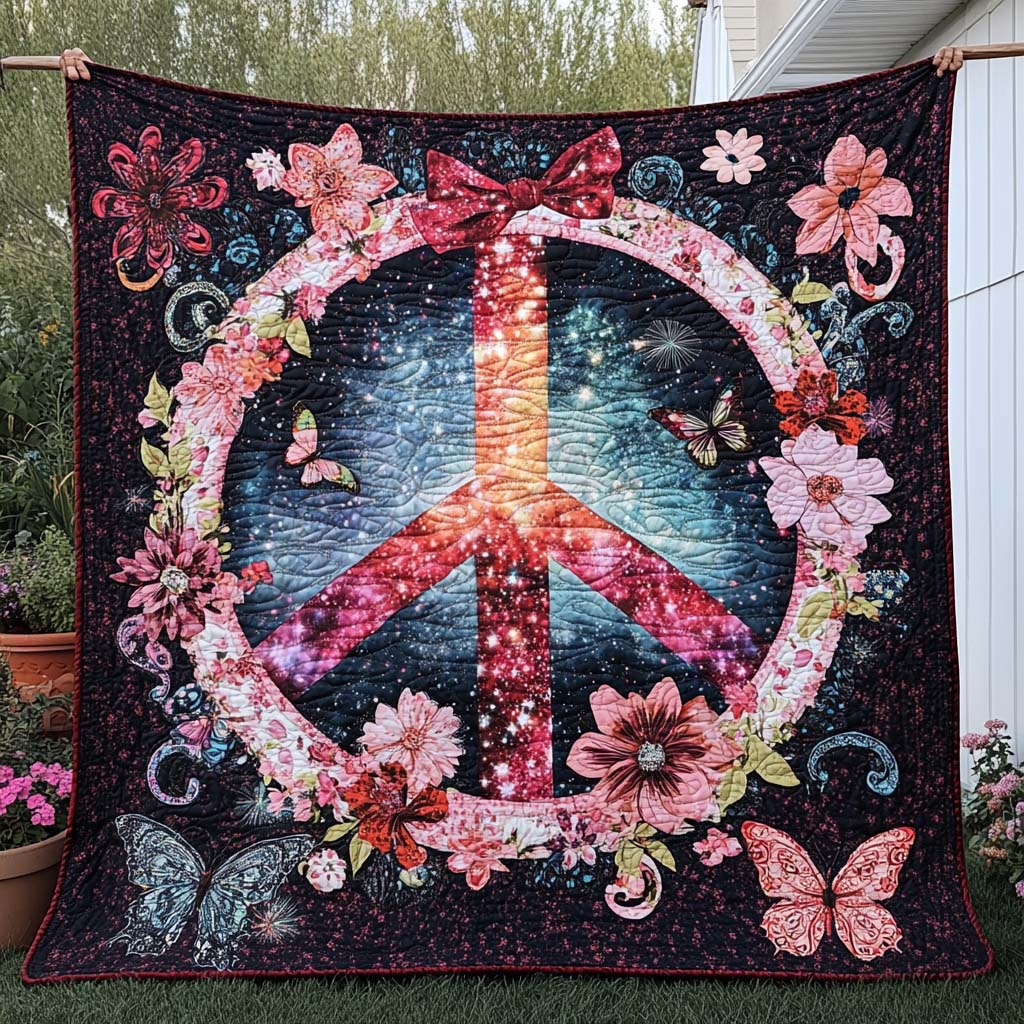 Galactic Peace Quilted Blanket Cute Throw Blanket Hippie Gifts Ideas For Her - Marykun