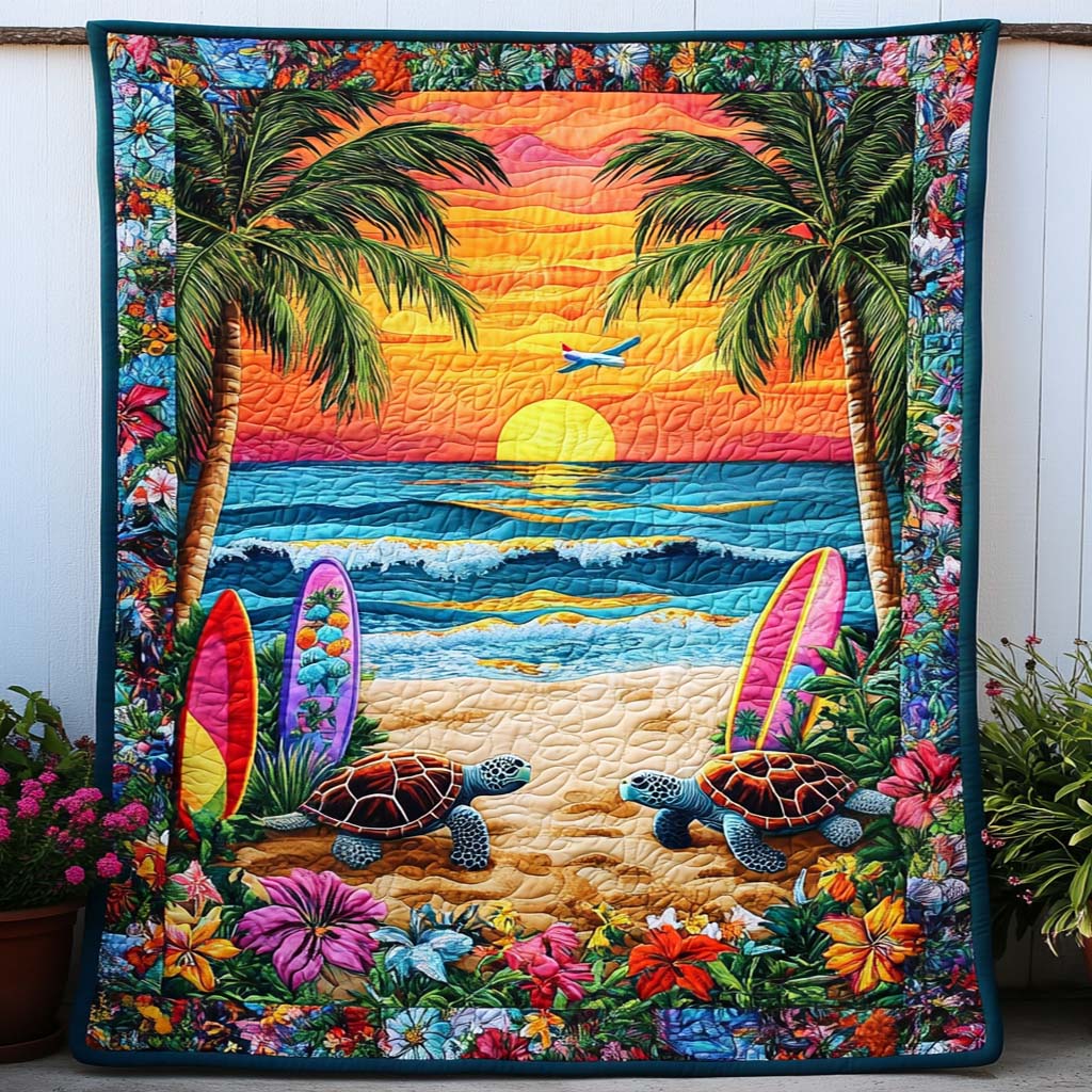 Gentle Turtle Waves Quilted Blanket Bedroom Xmas Decor Cute Turtle Lover Gift Ideas - Marykun