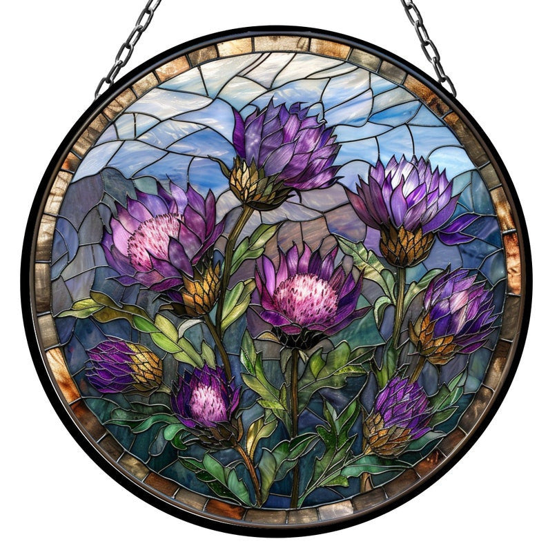 Purple Thistles Suncatcher for Window Decor Gift for Mothers Day Birthday Gift for Her Mom Mother Grandmother Daughter Son