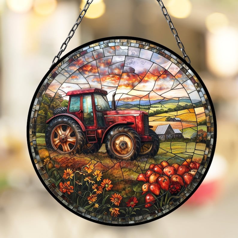 Tractor and Farm Suncatcher for Window Decor Gift for Mothers Day Birthday Gift for Her Mom Mother Grandmother Daughter Son