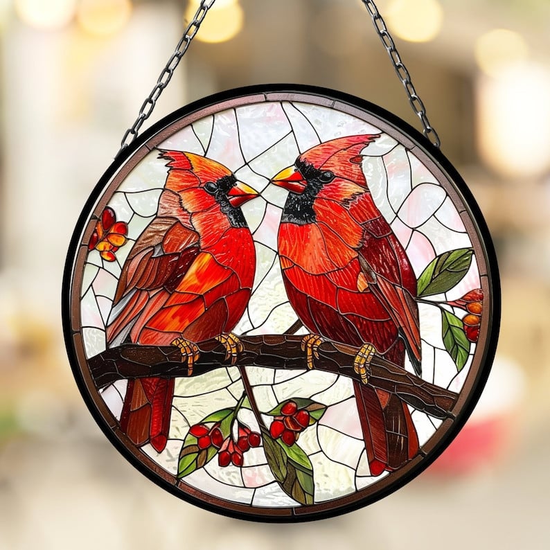 Cardinal Lovebirds Suncatcher for Window Decor Gift for Mothers Day Birthday Gift for Her Mom Mother Grandmother Daughter Son