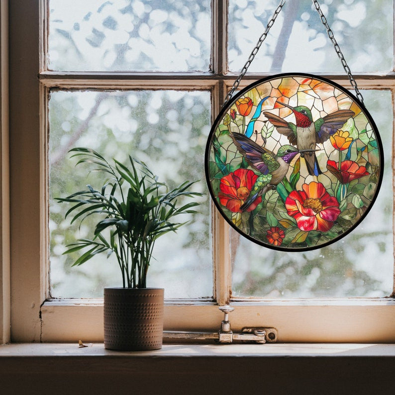 Humming Birds Flowers Suncatcher for Window Decor Gift for Mothers Day Birthday Gift for Her Mom Mother Grandmother Daughter Son