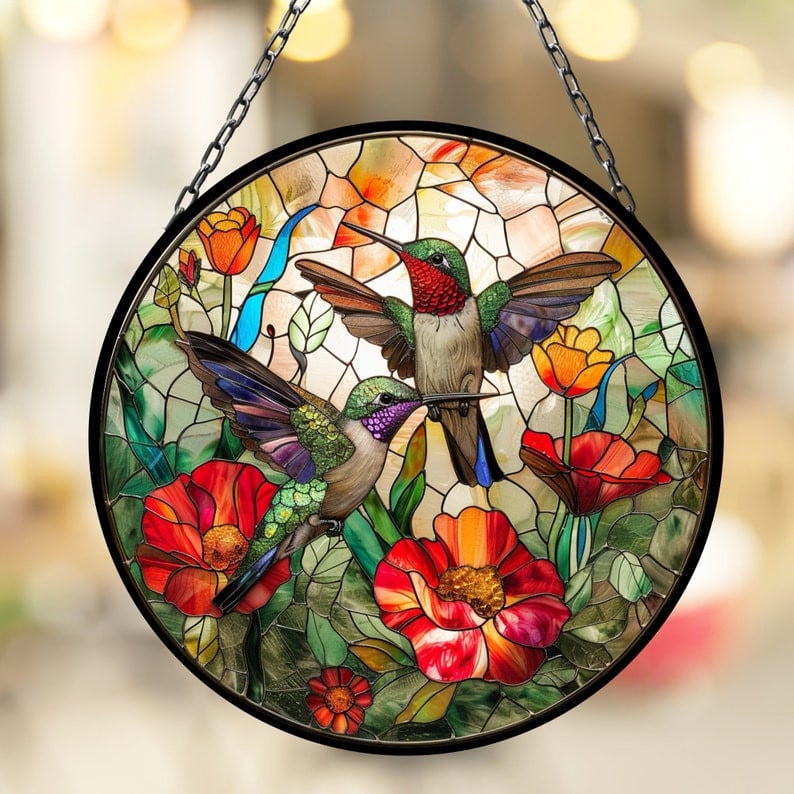 Humming Birds Flowers Suncatcher for Window Decor Gift for Mothers Day Birthday Gift for Her Mom Mother Grandmother Daughter Son