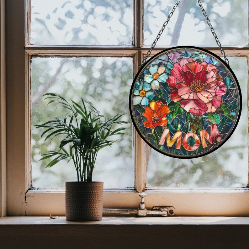 Mom Flowers Suncatcher for Window Decor Gift for Mothers Day Birthday Gift for Her Mom Mother Grandmother Daughter Friend Gift for Me