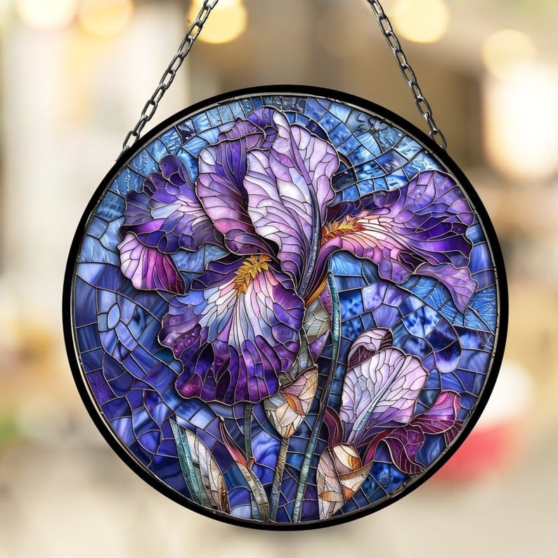 Purple Iris Suncatcher Window Decor Artful Gift for Mothers Day Birthday Gift for Her Mom Daughter Son Christmas