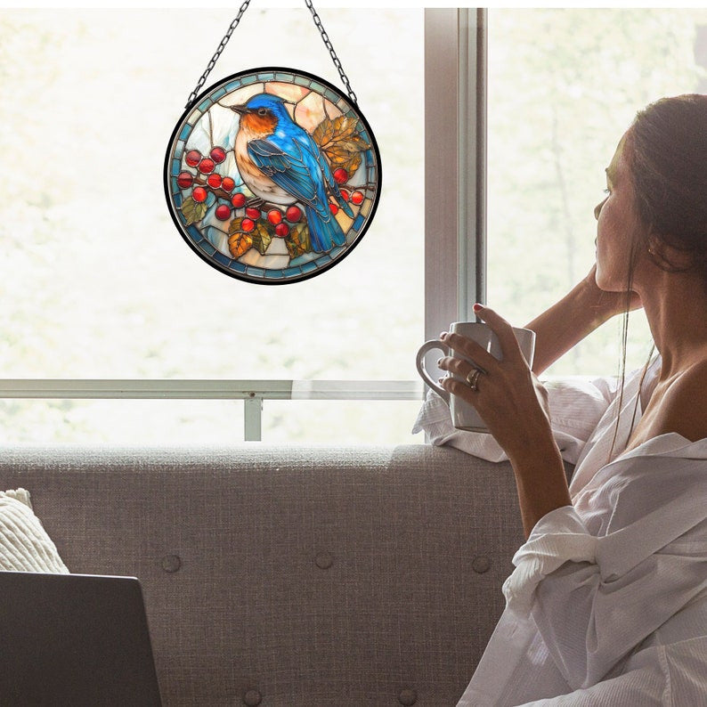 Bluebird Red Berries Suncatcher for Window Decor Gift for Mothers Day Birthday Gift for Her Mom Mother Grandmother Daughter Son