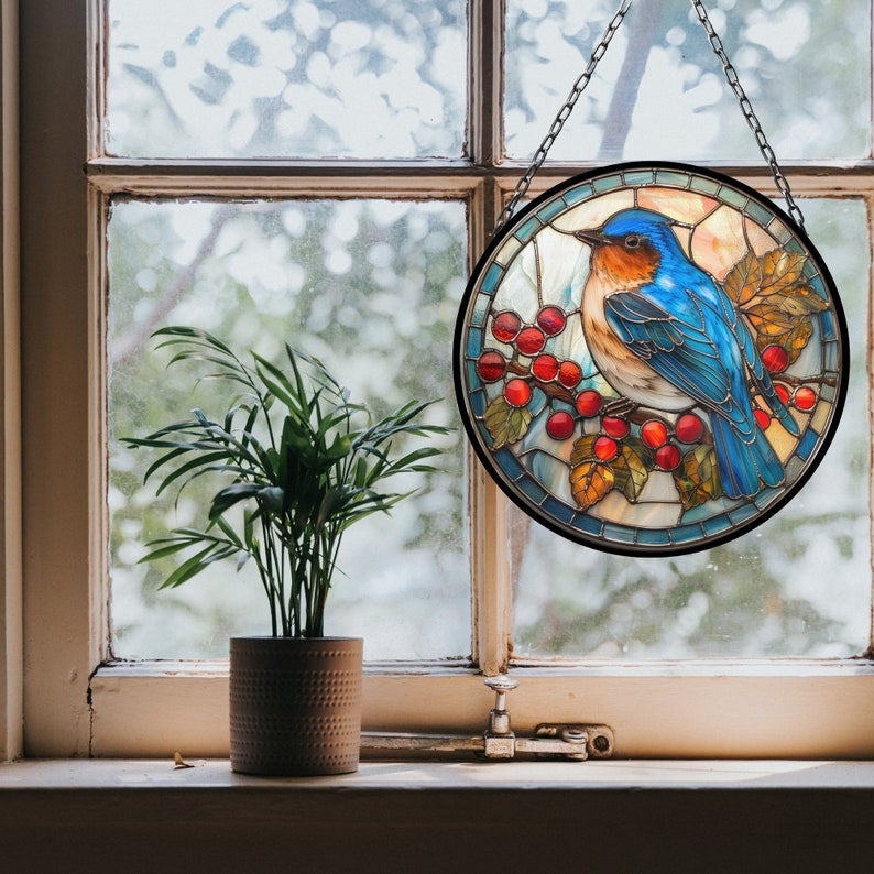 Bluebird Red Berries Suncatcher for Window Decor Gift for Mothers Day Birthday Gift for Her Mom Mother Grandmother Daughter Son