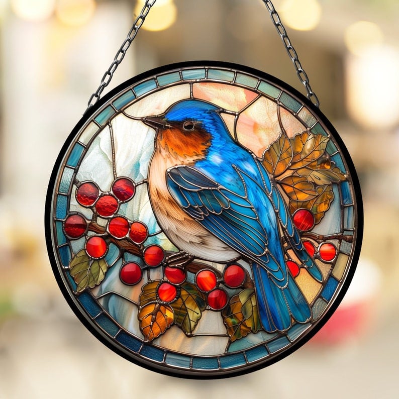 Bluebird Red Berries Suncatcher for Window Decor Gift for Mothers Day Birthday Gift for Her Mom Mother Grandmother Daughter Son