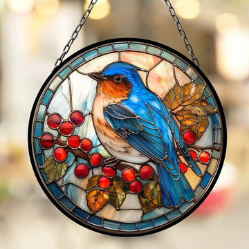 Bluebird Red Berries Suncatcher for Window Decor Gift for Mothers Day Birthday Gift for Her Mom Mother Grandmother Daughter Son