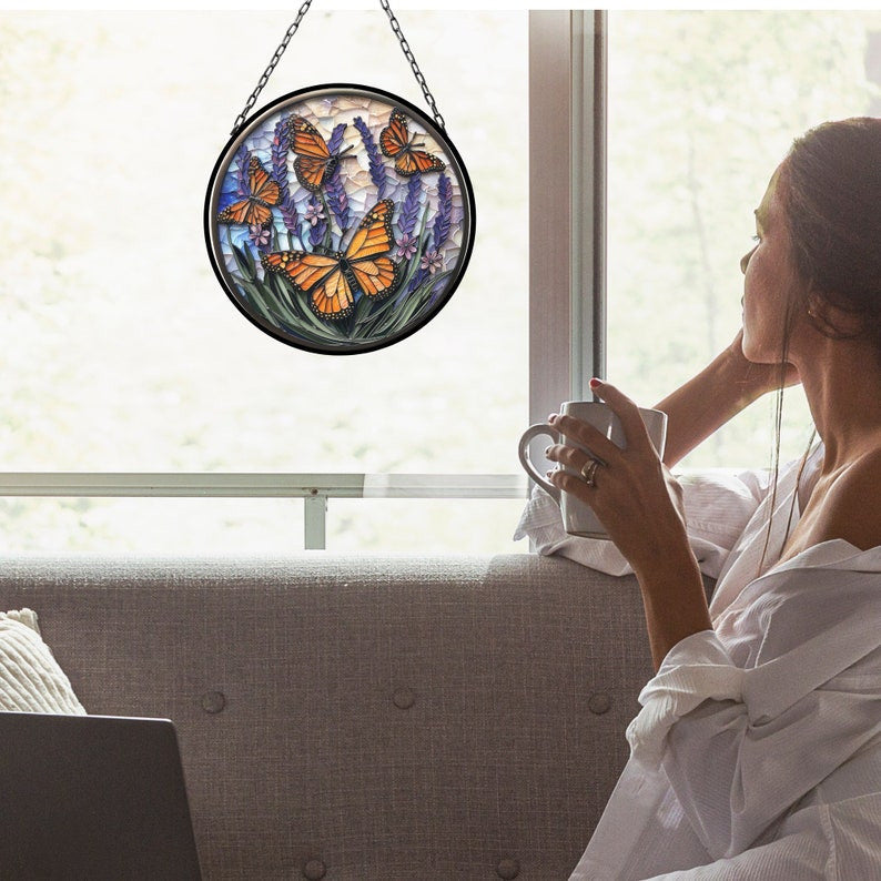 Monarch Butterflies Lavender Suncatcher for Window Decor Gift for Mothers Day Birthday Gift for Her Mom Mother Grandmother Daughter Son