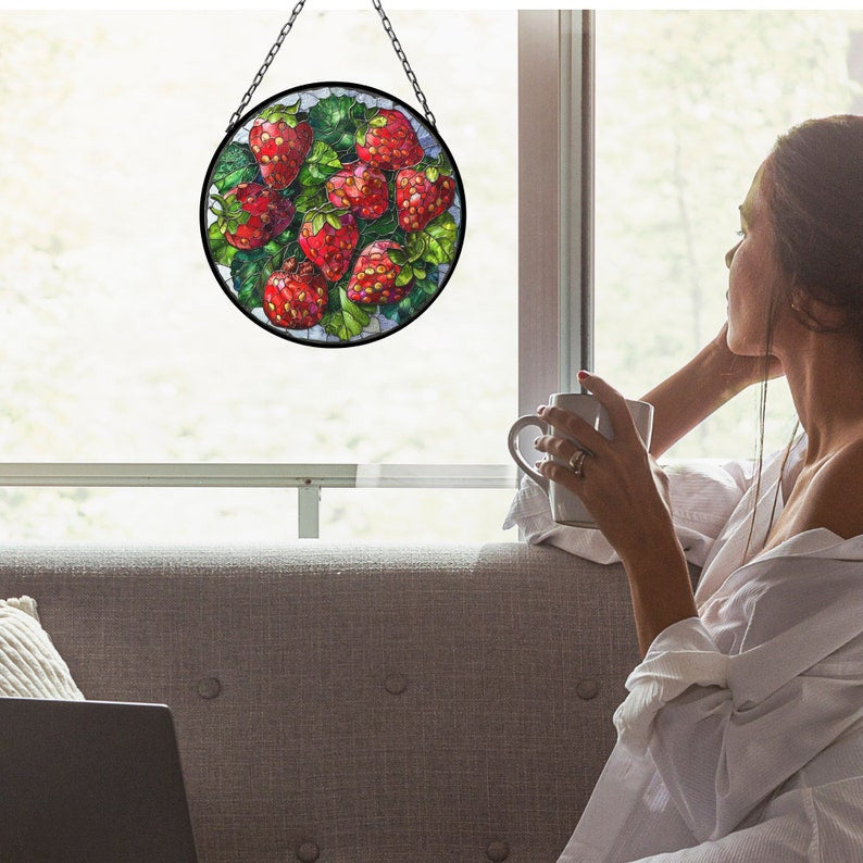 Strawberries Suncatcher for Window Decor Gift for Mothers Day Birthday Gift for Her Mom Mother Grandmother Daughter Son