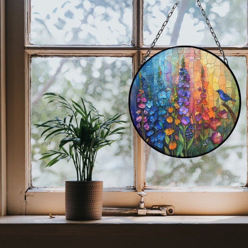 Larkspur and Bluebird Suncatcher Window Decor Artful Gift for Mothers Day Birthday Gift for Her Mom Daughter Son Christmas