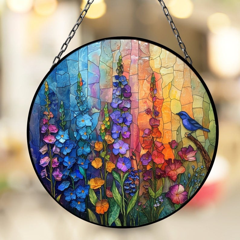 Larkspur and Bluebird Suncatcher Window Decor Artful Gift for Mothers Day Birthday Gift for Her Mom Daughter Son Christmas