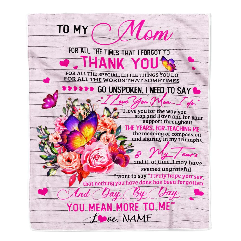 Personalized To My Mom Blanket From Daughter Son Wood Floral Butterfly Thank You I Love You Mom Birthday Mothers Day Christmas Customized Fleece Throw Blanket