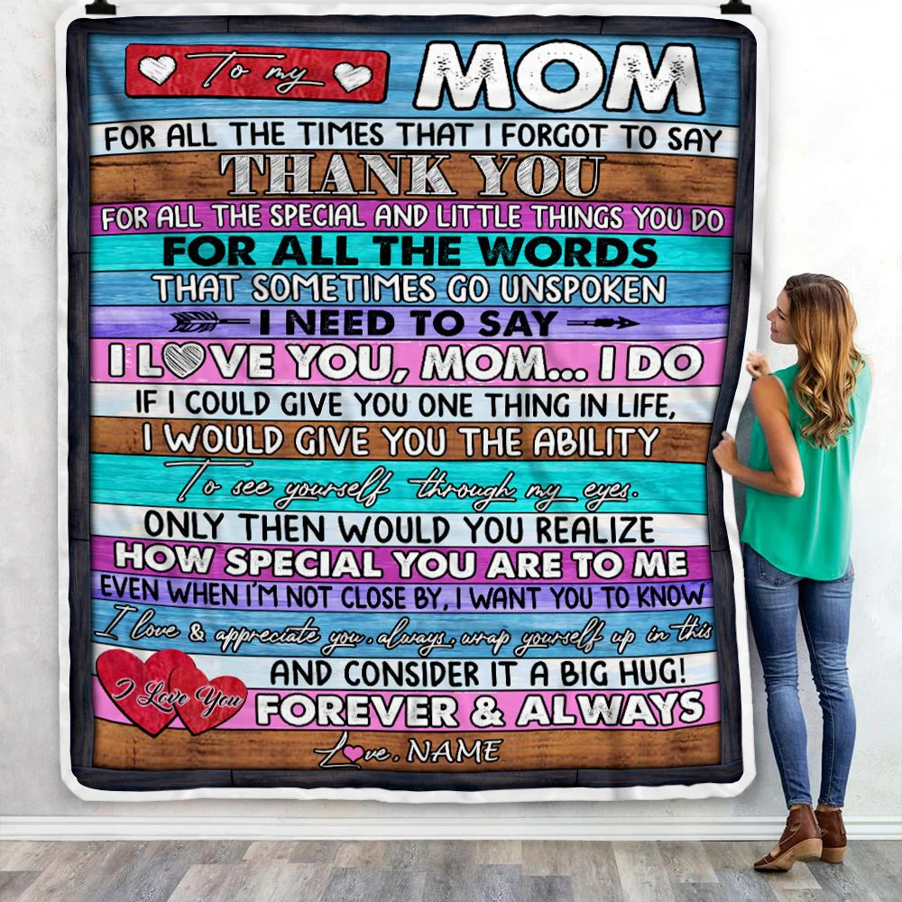 Personalized To My Mom Blanket From Daughter Son Wood Thank You I Love You Mom Birthday Mothers Day Christmas Customized Bed Fleece Throw Blanket