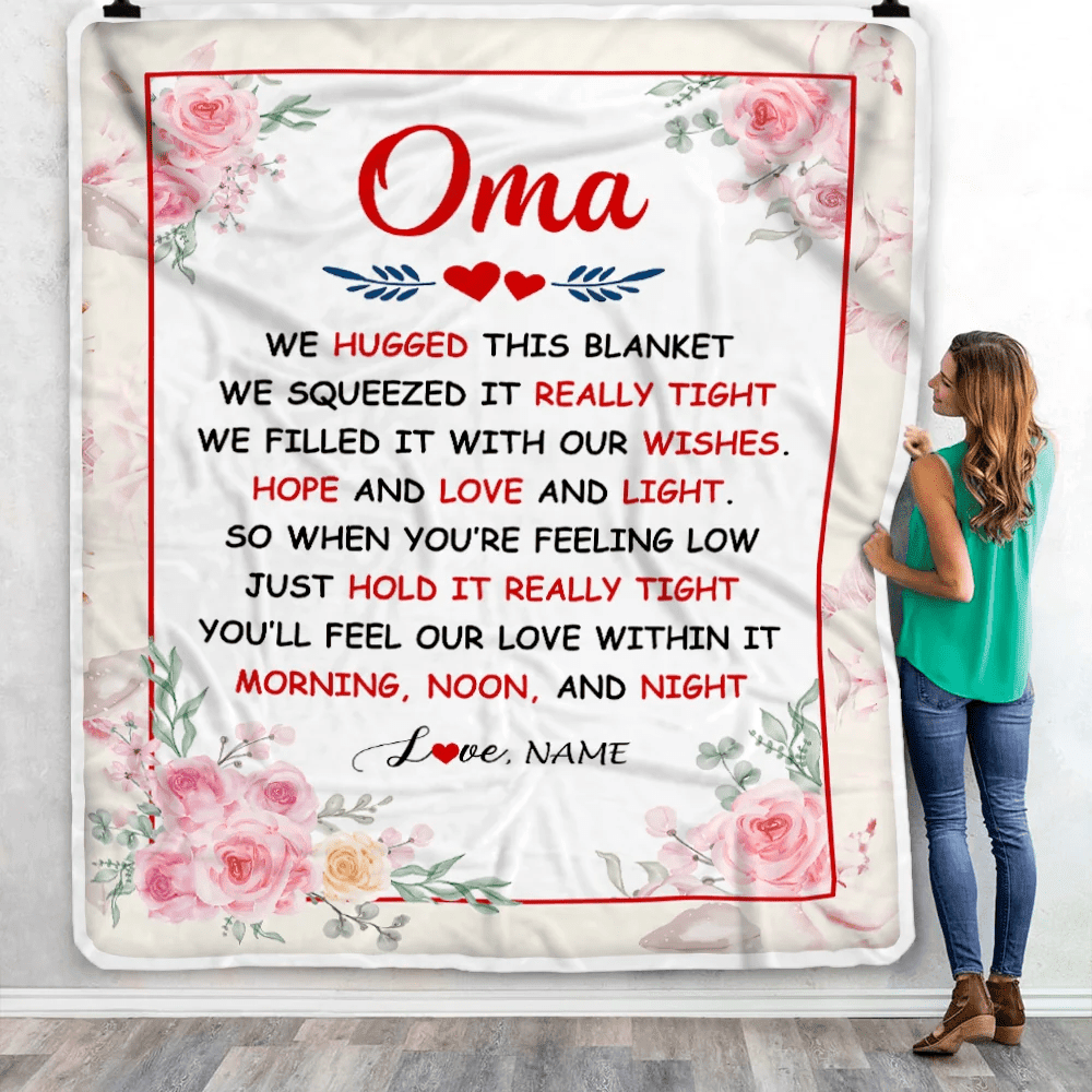 Personalized Oma Blanket From Grandkids Granddaughter Grandson We Hugged This Blanket Floral Oma Birthday Mothers Day Christmas Customized Fleece Throw Blanket