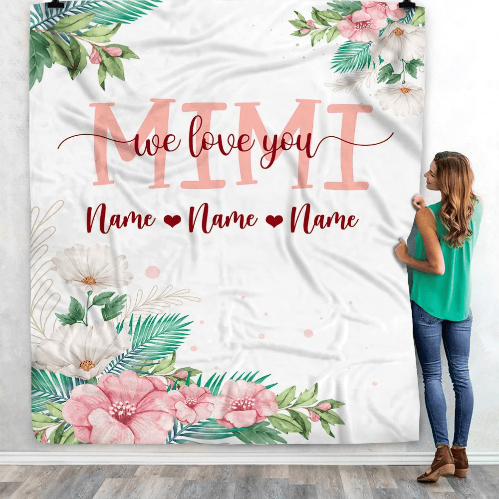 Personalized Mimi Blanket From Grandkids Granddaughter Grandson We Love You Floral Mimi Birthday Mothers Day Christmas Customized Fleece Throw Blanket