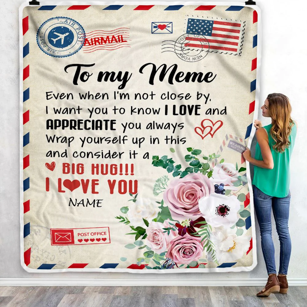 Personalized To My Meme Blanket From Grandkids Floral Air Mail Letter I Love You Meme Birthday Mothers Day Christmas Customized Fleece Throw Blanket