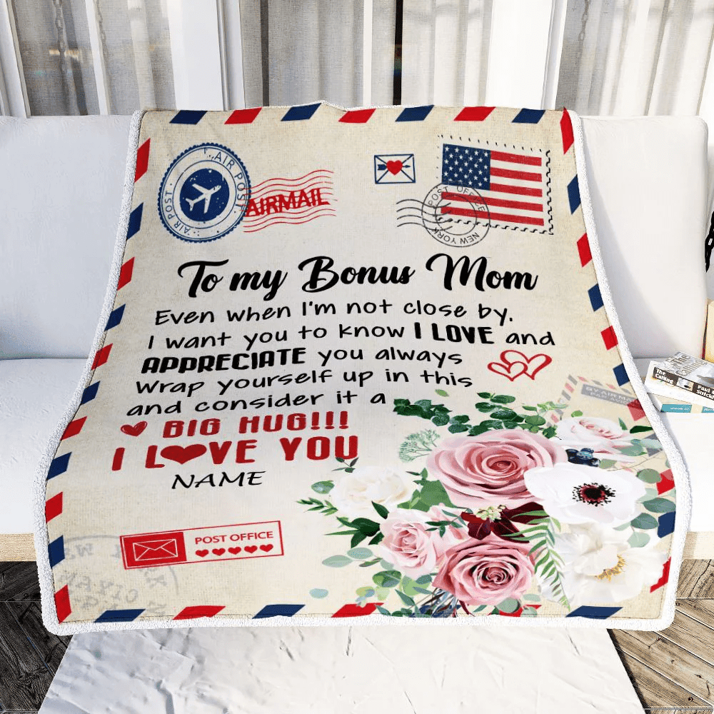 Personalized To My Bonus Mom Blanket from Daughter Son Floral Air Mail Letter I Love You Bonus Mom Birthday Mothers Day Christmas Customized Fleece Blanket