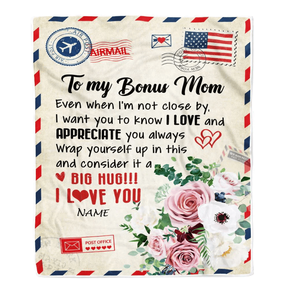 Personalized To My Bonus Mom Blanket from Daughter Son Floral Air Mail Letter I Love You Bonus Mom Birthday Mothers Day Christmas Customized Fleece Blanket