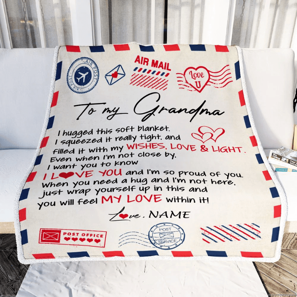 Personalized To My Grandma Blanket From Grandkids Grandson Air Mail Letter I Love You Grandma Birthday Mothers Day Christmas Customized Fleece Throw Blanket