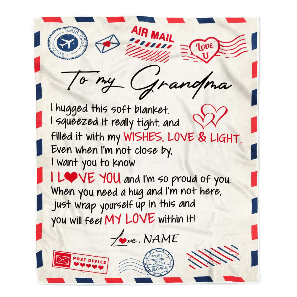Personalized To My Grandma Blanket From Grandkids Grandson Air Mail Letter I Love You Grandma Birthday Mothers Day Christmas Customized Fleece Throw Blanket