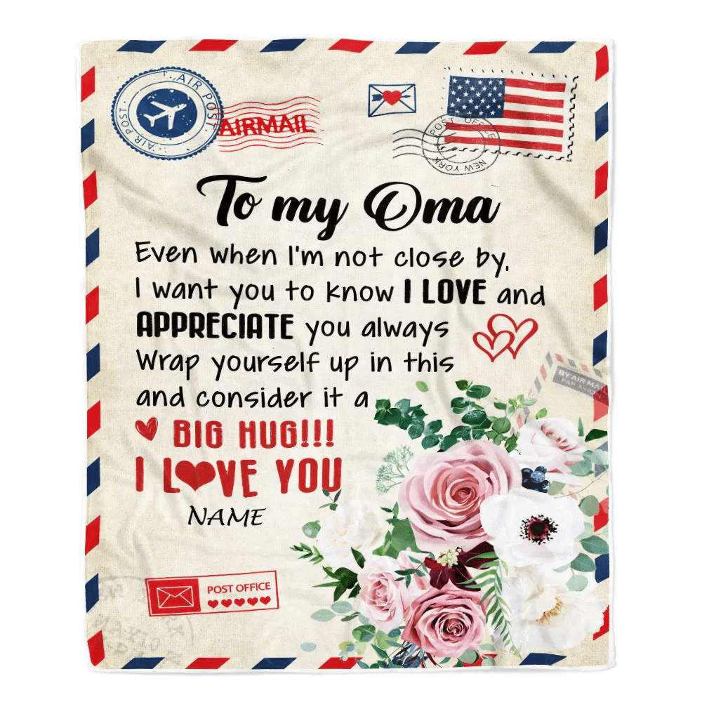 Personalized To My Oma Blanket From Grandkids Floral Air Mail Letter I Love You Oma Birthday Mothers Day Christmas Customized Fleece Throw Blanket