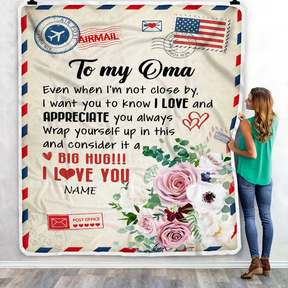Personalized To My Oma Blanket From Grandkids Floral Air Mail Letter I Love You Oma Birthday Mothers Day Christmas Customized Fleece Throw Blanket