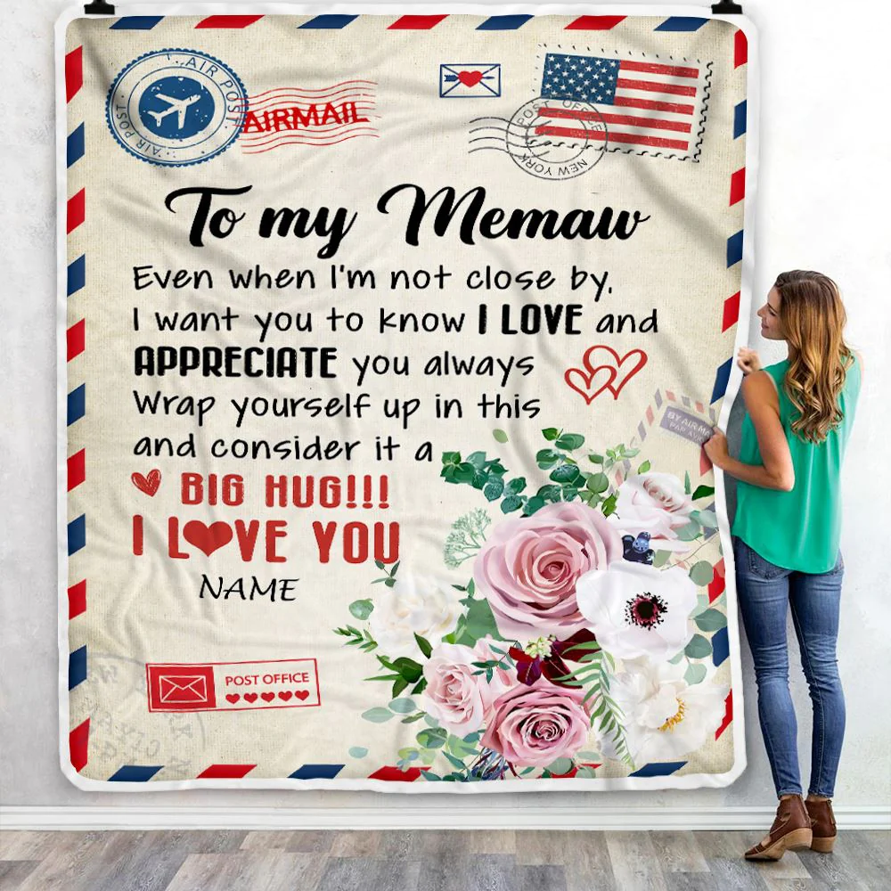 Personalized To My Memaw Blanket From Grandkids Floral Air Mail Letter I Love You Memaw Birthday Mothers Day Christmas Customized Fleece Throw Blanket