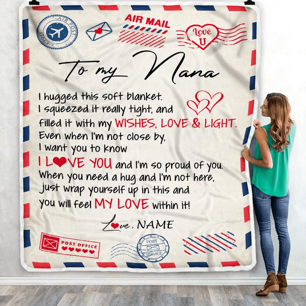 Personalized To My Nana Blanket From Grandkids Grandson Air Mail Letter I Love You Nana Birthday Mothers Day Christmas Customized Fleece Throw Blanket