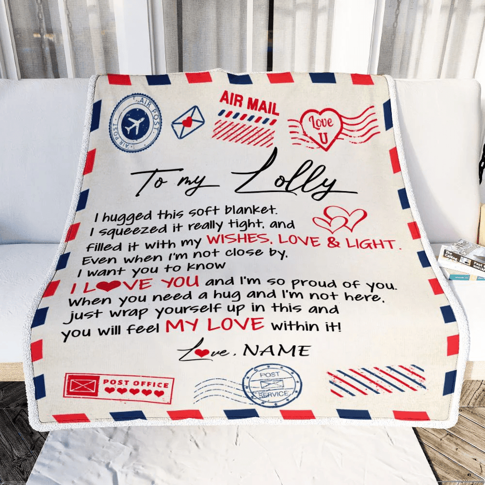 Personalized To My Lolly Blanket From Grandkids Grandson Air Mail Letter I Love You Lolly Birthday Mothers Day Christmas Customized Fleece Throw Blanket