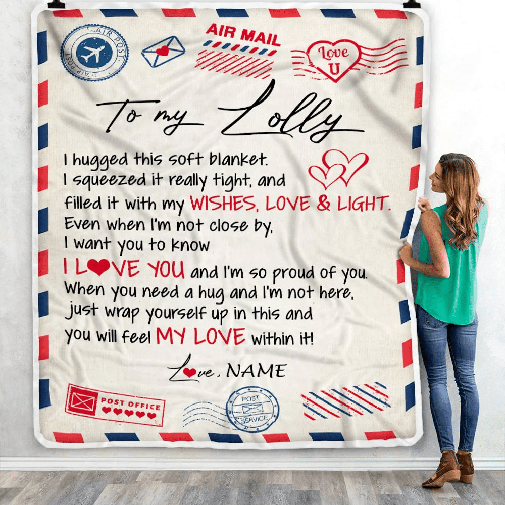 Personalized To My Lolly Blanket From Grandkids Grandson Air Mail Letter I Love You Lolly Birthday Mothers Day Christmas Customized Fleece Throw Blanket