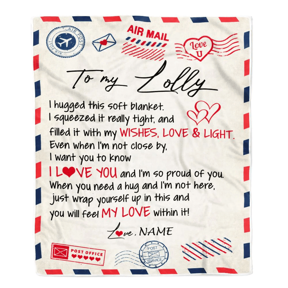 Personalized To My Lolly Blanket From Grandkids Grandson Air Mail Letter I Love You Lolly Birthday Mothers Day Christmas Customized Fleece Throw Blanket