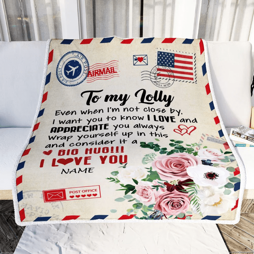 Personalized To My Lolly Blanket From Grandkids Floral Air Mail Letter I Love You Lolly Birthday Mothers Day Christmas Customized Fleece Throw Blanket