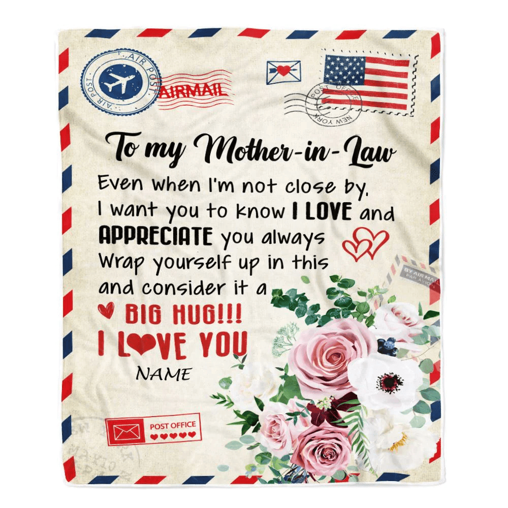 Personalized To My Mother In Law Blanket Floral Air Mail Letter I Love You Mother In Law Birthday Mothers Daythanksgiving Christmas Fleece Throw Blanket