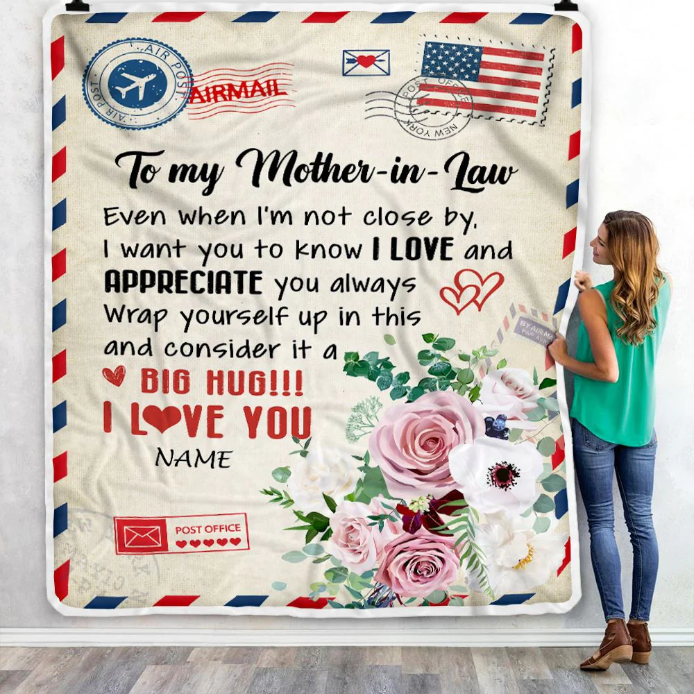 Personalized To My Mother In Law Blanket Floral Air Mail Letter I Love You Mother In Law Birthday Mothers Daythanksgiving Christmas Fleece Throw Blanket