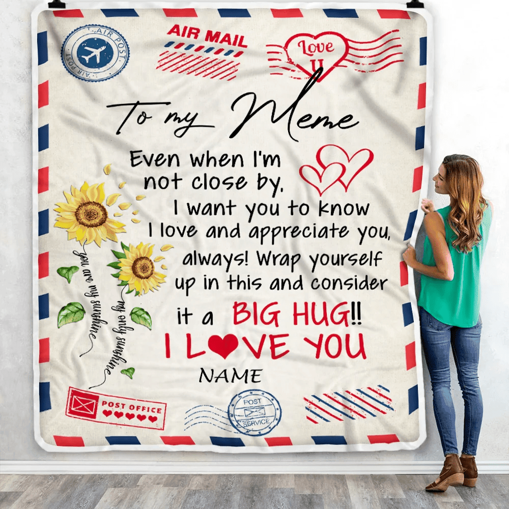 Personalized Meme Blanket From Grandkids Love Big Hug Air Mail Letter Sunflower Meme Birthday Mothers Day Christmas Customized Fleece Throw Blanket