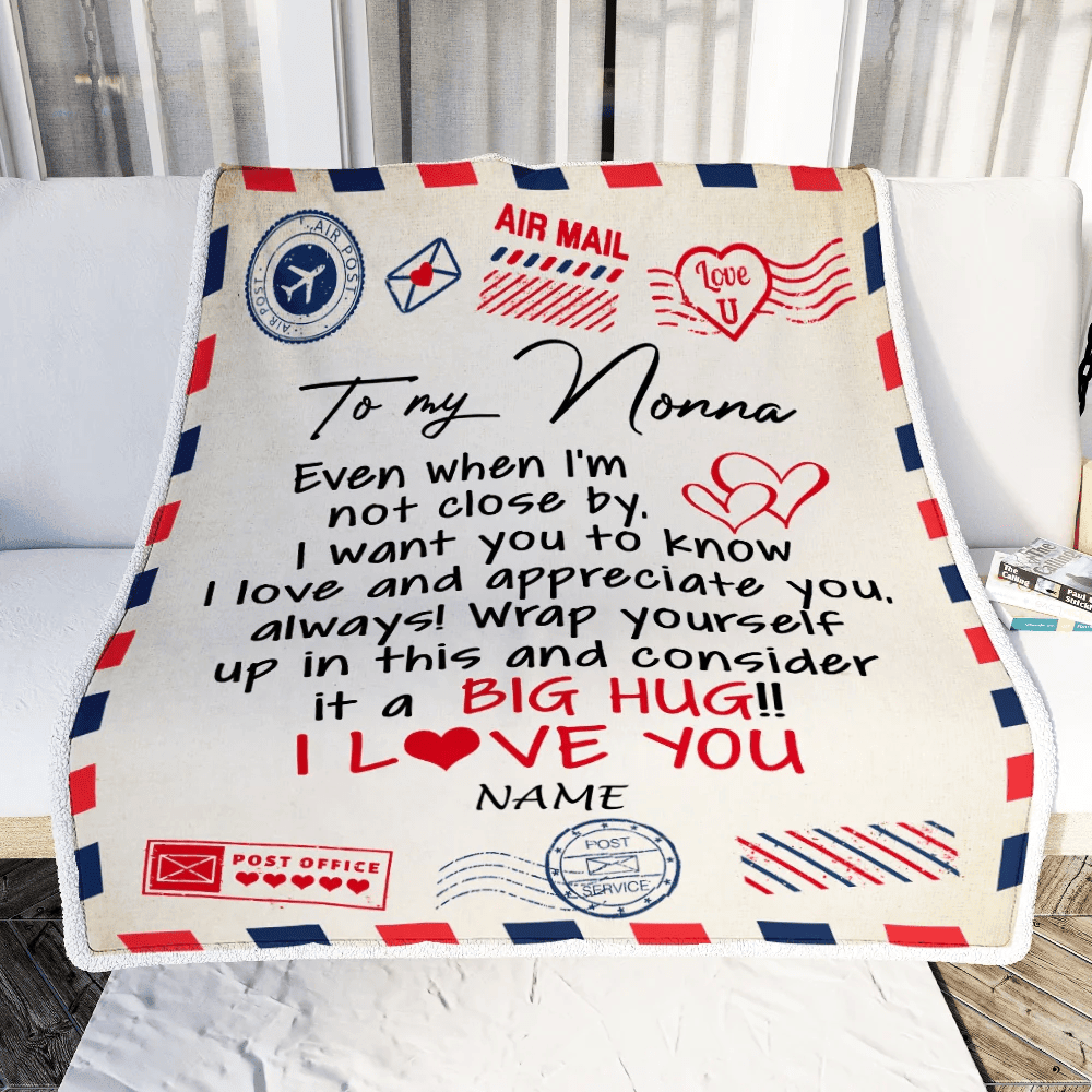 Personalized Nonna Blanket From Grandkids I Love You Hugs Air Mail Letter Nonna Birthday Mothers Day Christmas Customized Fleece Blanket