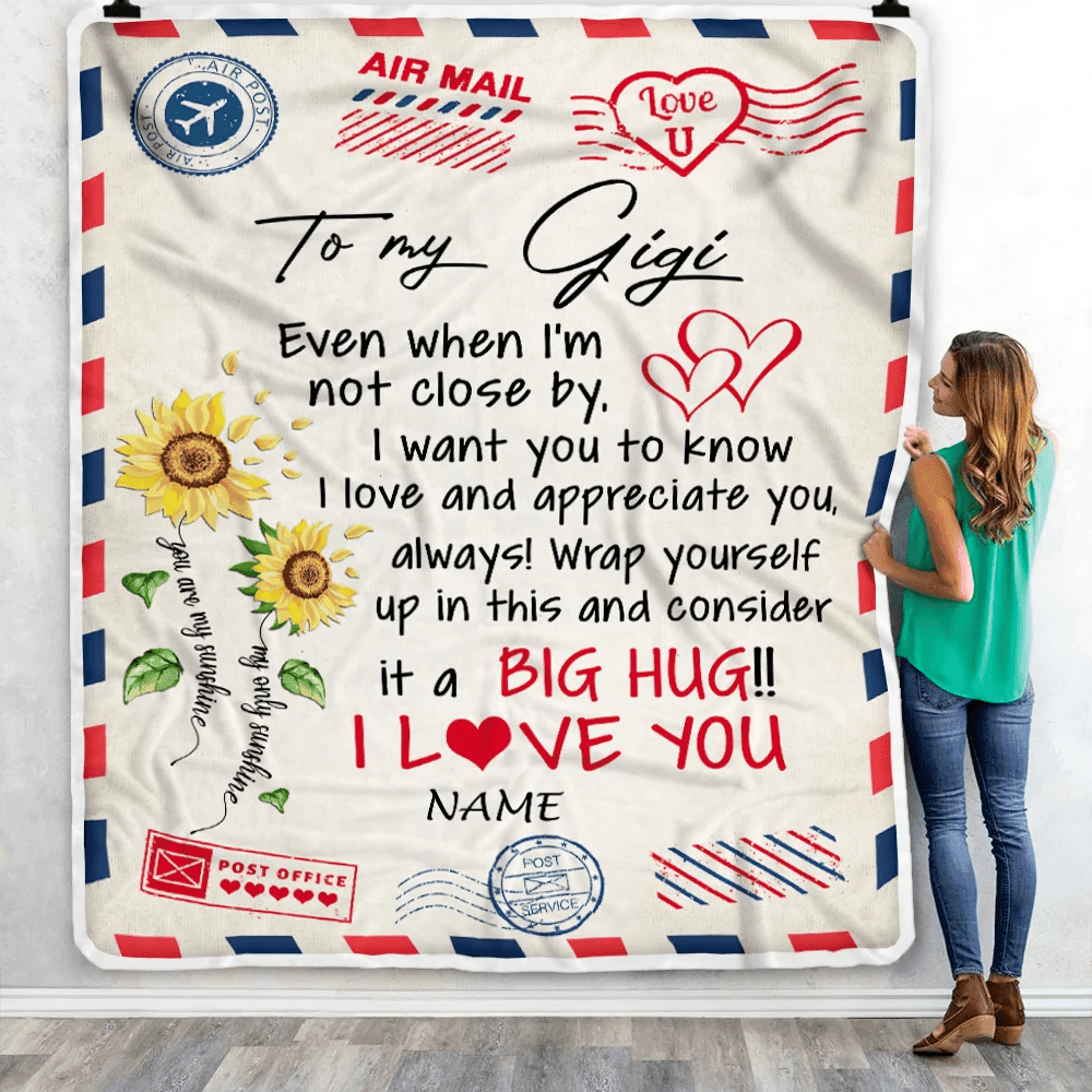 Personalized Gigi Blanket From Grandkids Love Big Hug Air Mail Letter Sunflower Gigi Birthday Mothers Day Christmas Customized Fleece Throw Blanket